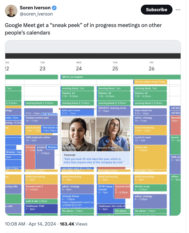 web page - Soren Iverson iverson Subscribe Google Meet get a "sneak peek" of in progress meetings on other people's calendars In Th 23 24 25 26 The w Views